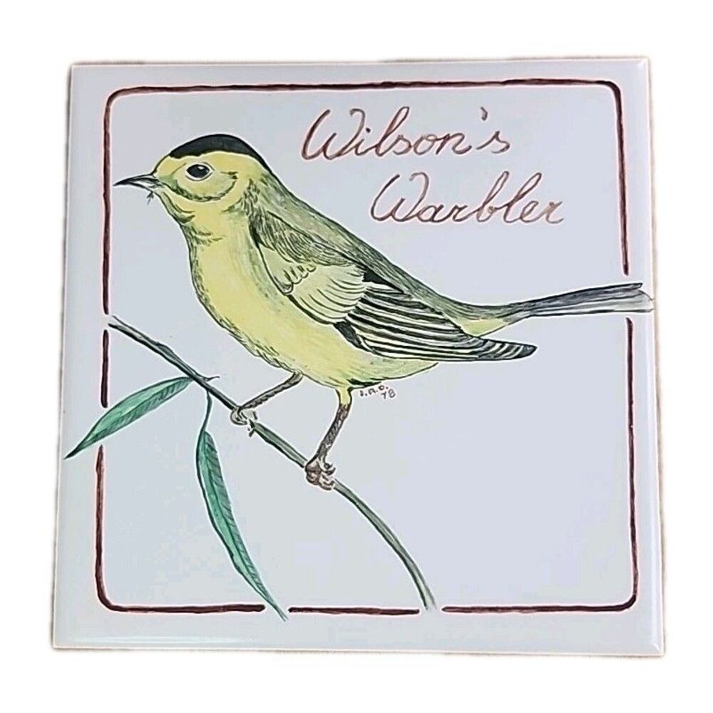 Wilson's Warbler Hand Painted Ceramic Tile Signed I.A.D. 1978 6in × 6in
